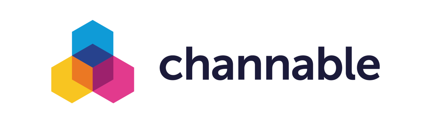 Channable logo: three interconnected hexagons in blue, yellow, and pink, with a smaller purple hexagon at the intersection, accompanied by the word 'channable' in lowercase, dark blue text.