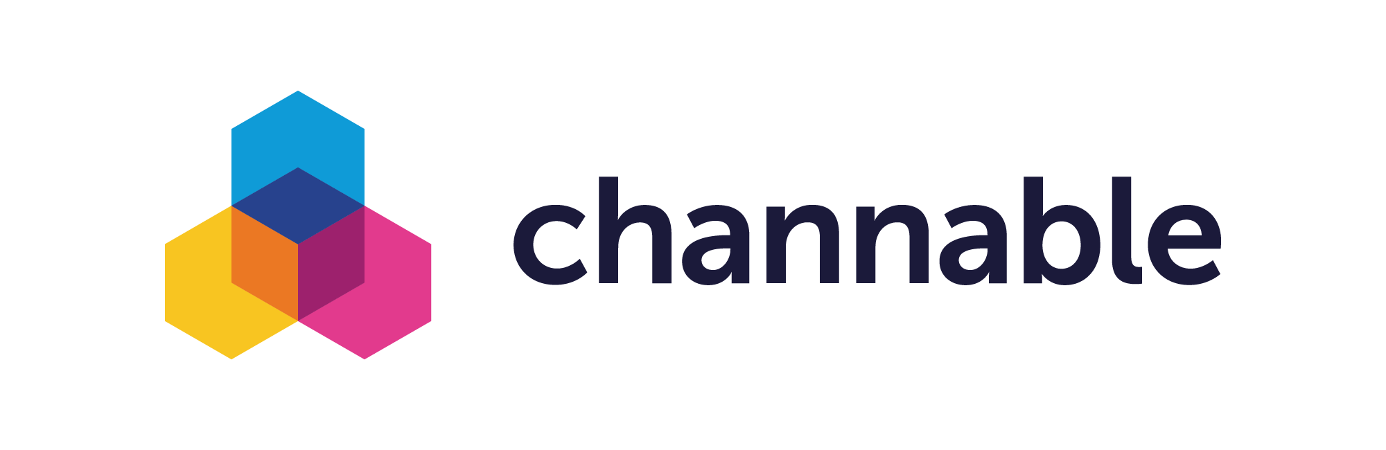 Channable logo: three interconnected hexagons in blue, yellow, and pink, with a smaller purple hexagon at the intersection, accompanied by the word 'channable' in lowercase, dark blue text.